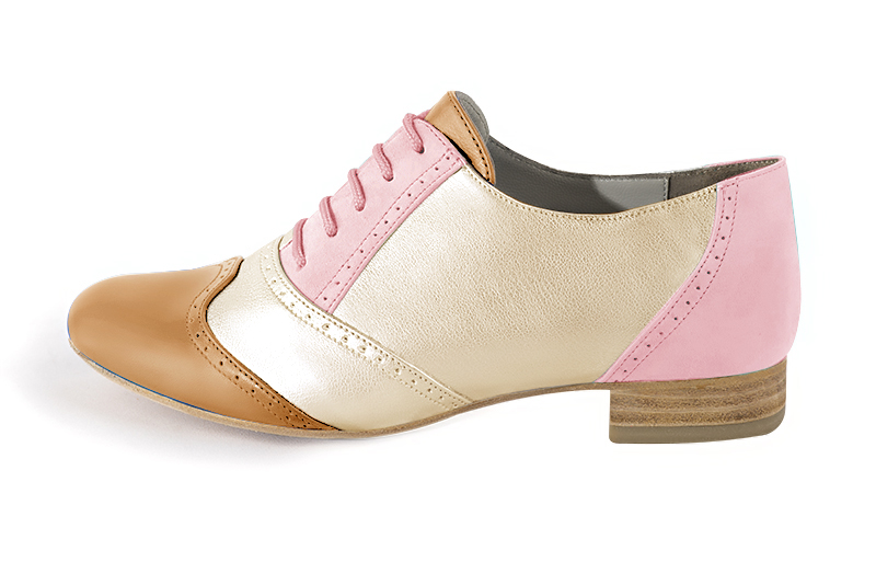 Camel beige, gold and light pink women's fashion lace-up shoes.. Profile view - Florence KOOIJMAN